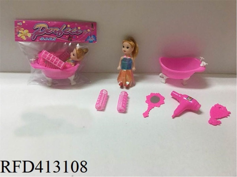 3 INCH SMALL BARBIE WITH BATHTUB, HAIRDRYER, MIRROR, COMB AND CURLS