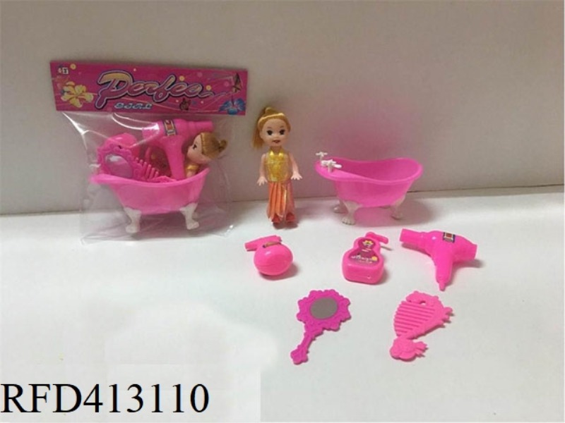 3 INCH SMALL BARBIE WITH BATH SHAMPOO, SHAMPOO, HAIR DRYER, MIRROR AND COMB