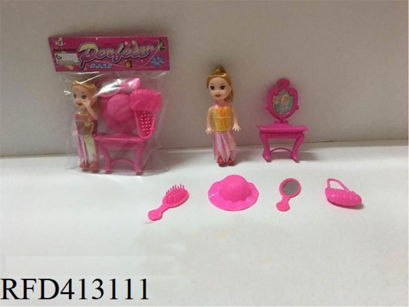 3 INCH SMALL BARBIE WITH DRESSING TABLE, COMB AND HAT MIRROR CASE