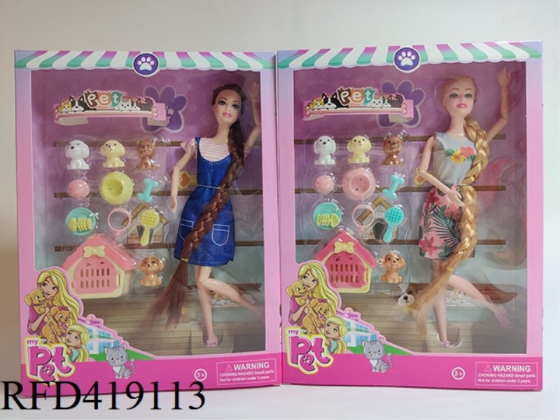 11 INCH LONG BRAIDED BARBIE WITH 11 JOINTS SOLID BODY FOUR DOGS BLISTER SUIT 2 MIXED
