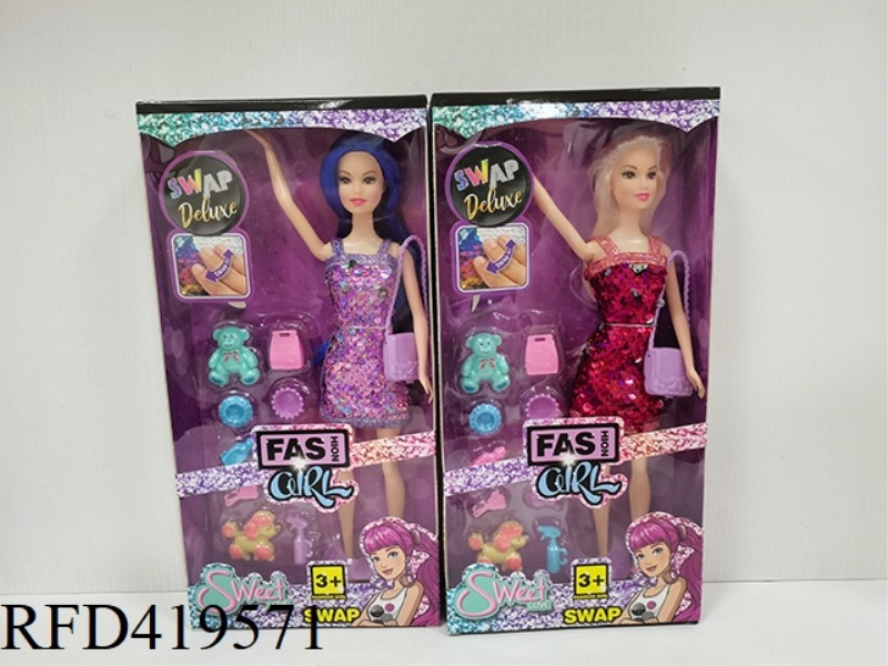11.5-INCH JOINT REAL PET SERIES FASHION BARBIE COLOR CHANGING GLITTER SHORT SKIRT WITH DOG BLISTER +