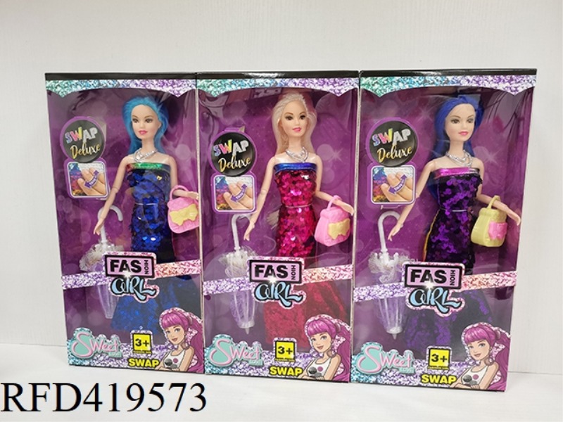 11.5-INCH 9-JOINT FASHION BARBIE COLOR-CHANGING GLITTER DRESS LONG DRESS WITH UMBRELLA+BAG+NECKLACE