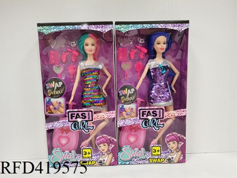 11.5-INCH 11-JOINT FASHION BARBIE COLOR-CHANGING GLITTER SHORT SKIRT WITH SUITCASE + COMB AND MIRROR