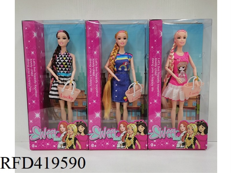11.5 INCH NINE-JOINT LONG HAIR BRAID FASHION BARBIE DOLL WITH HANDBAG (THREE ASSORTED)