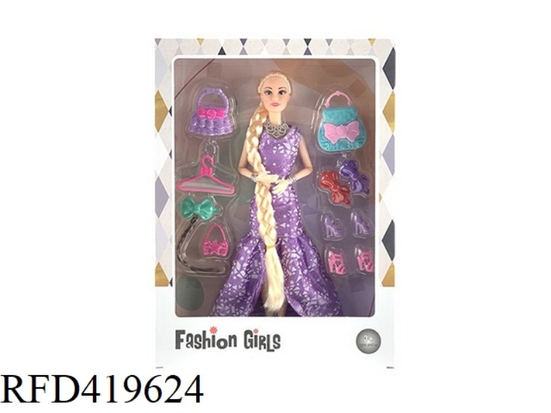 11.5-INCH 9-JOINT SOLID DRESS WITH BIG BRAID BARBIE WITH HANDBAG, SHOE BAG, HANGER AND OTHER BLISTER