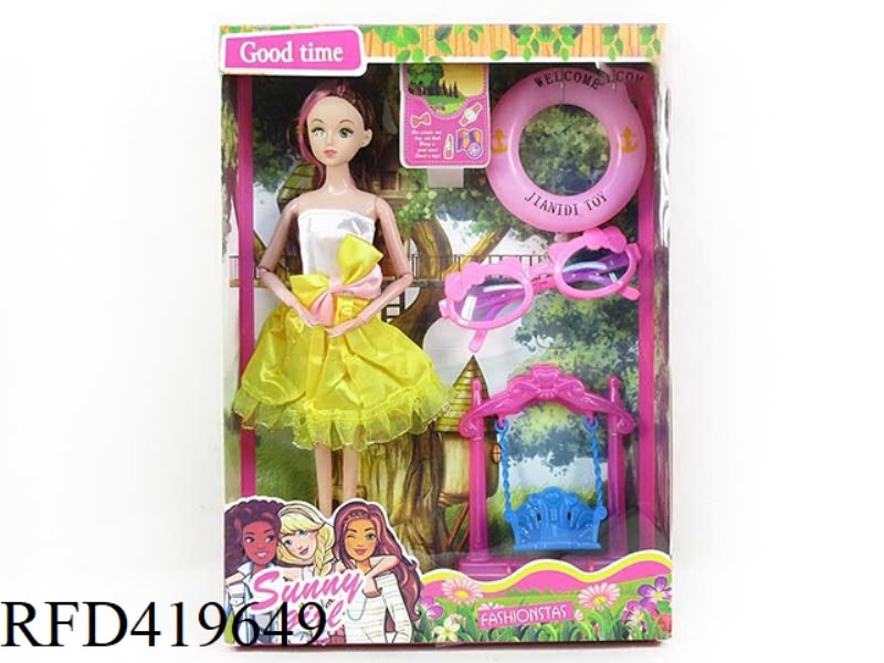 NEW 11-INCH SOLID BODY 9-JOINT GIRL WITH SWIMMING RING, GOGGLES, SWING CHAIR