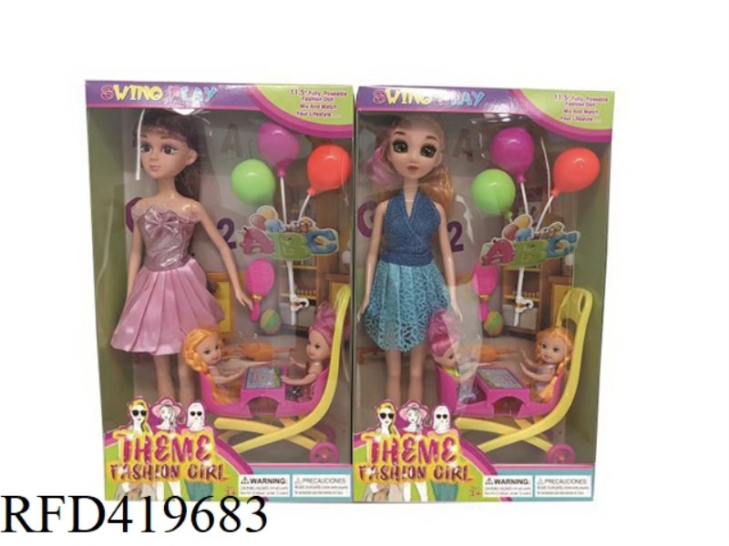 HIGH-END THEME 11.5-INCH REAL HAND 3D EYEBALLS AMY SHORT DRESS BARBIE WITH BABY, STROLLER, BALLOON,