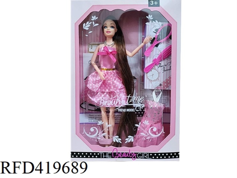 HIGH-END 11.5-INCH SOLID BODY 11-JOINT FASHION SHORT SKIRT BARBIE WITH HANGING SKIRT, COMB, MIRROR,