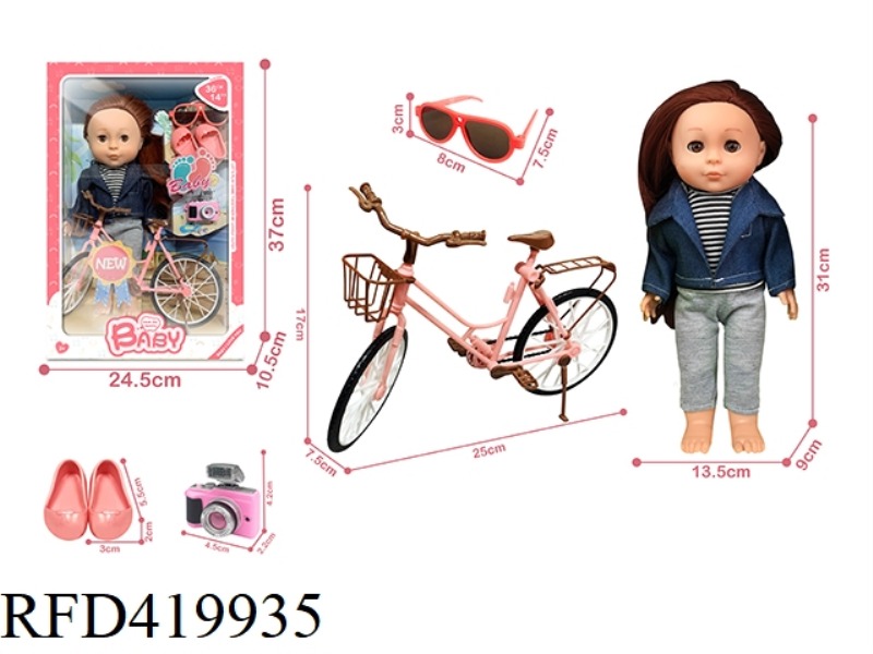 12 INCH FULL SUGAR GUM FEMALE DOLL + CAMERA + BICYCLE