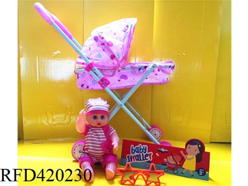 IRON TROLLEY WITH DOLL AND GLASSES