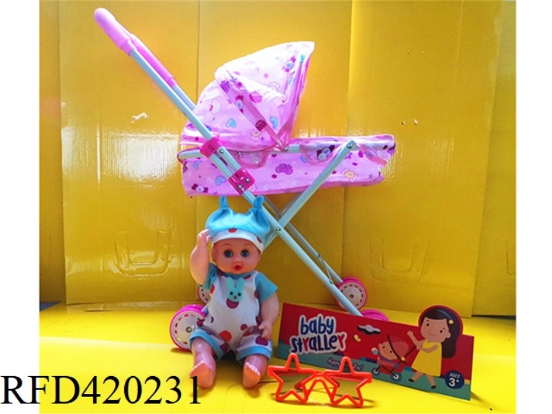 IRON TROLLEY WITH DOLL AND GLASSES