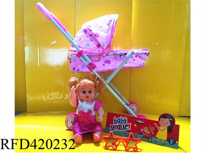 IRON TROLLEY WITH DOLL AND GLASSES