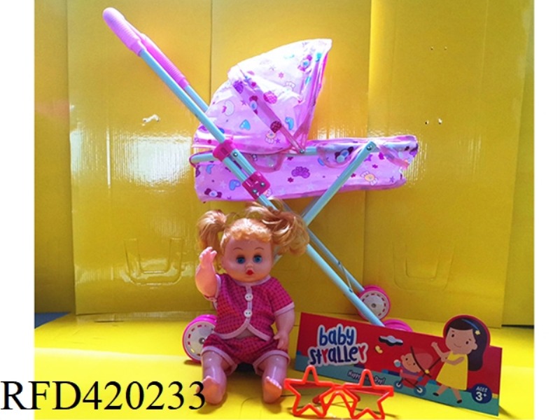 IRON TROLLEY WITH DOLL AND GLASSES