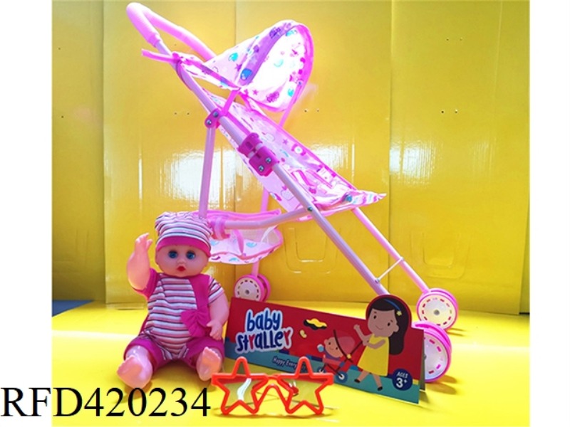 IRON TROLLEY WITH DOLL AND GLASSES