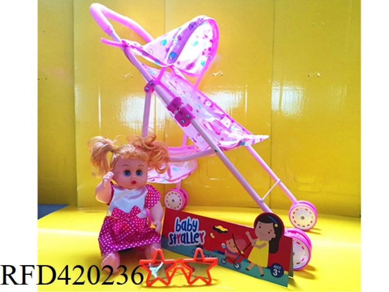 IRON TROLLEY WITH DOLL AND GLASSES