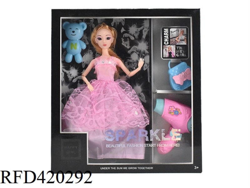 SUMMER 11.5-INCH 9-JOINT SOLID BODY 3D EYE BEAD FEMALE PAPA PYRENE WITH BEAR, HANDBAG, HAIR DRYER