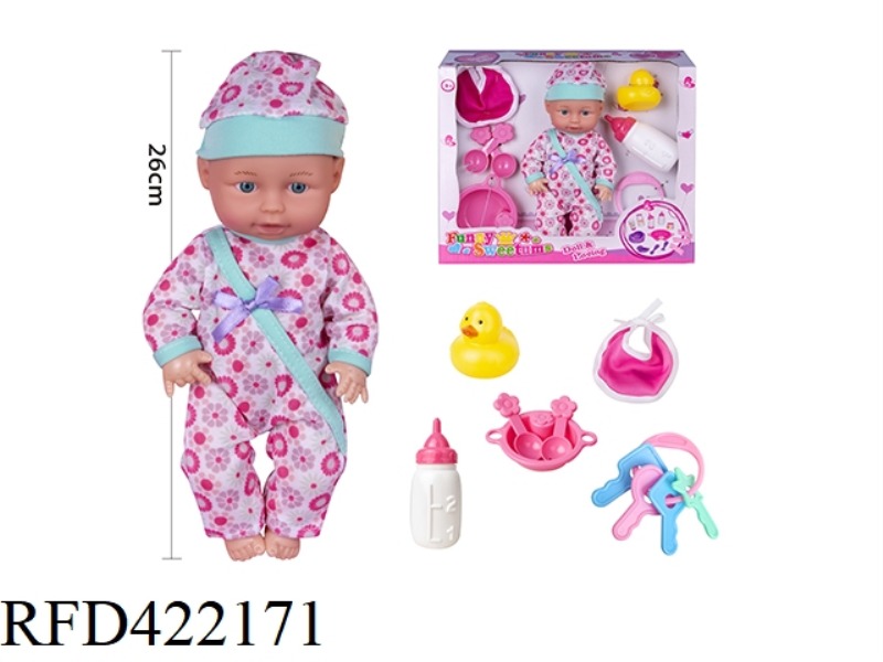 10-INCH BLOWN BOTTLE BODY FIXED EYE DOLL WITH SALIVA TOWEL, TABLEWARE, DUCK, BABY BOTTLE, KEY, WITHO