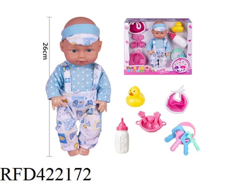 10-INCH BLOWN BOTTLE BODY FIXED EYE DOLL WITH SALIVA TOWEL, TABLEWARE, DUCK, BABY BOTTLE, KEY, WITHO