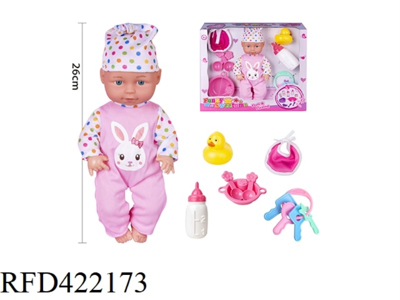 10-INCH BLOWN BOTTLE BODY FIXED EYE DOLL WITH SALIVA TOWEL, TABLEWARE, DUCK, BABY BOTTLE, KEY, WITHO