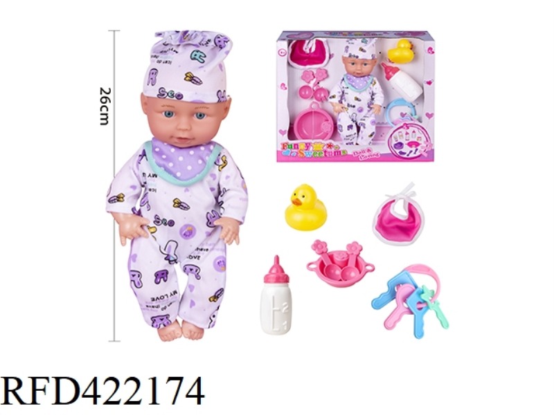 10-INCH BLOWN BOTTLE BODY FIXED EYE DOLL WITH SALIVA TOWEL, TABLEWARE, DUCK, BABY BOTTLE, KEY, WITHO