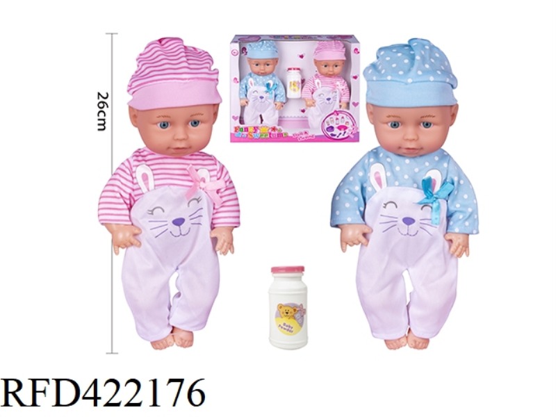 2 10-INCH BLOW-BOTTLE BODY FIXED-EYE DOLLS WITH SALIVA TOWEL, TABLEWARE, DUCK, BABY BOTTLE, KEY, WIT