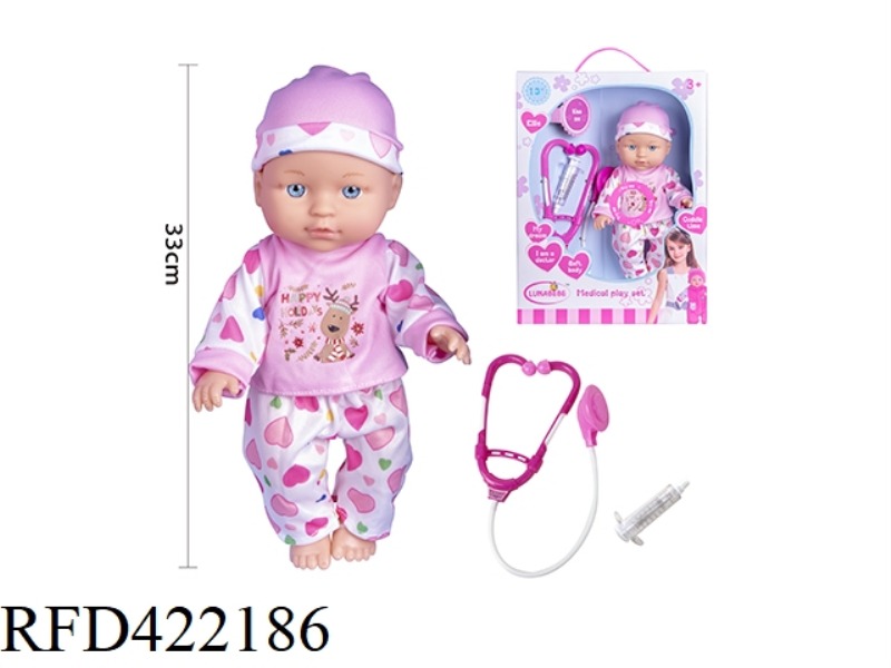13 INCH BLOW BOTTLE BODY, FIXED EYE DOLL, WITH MEDICAL EQUIPMENT, WITH 6 SOUND IC