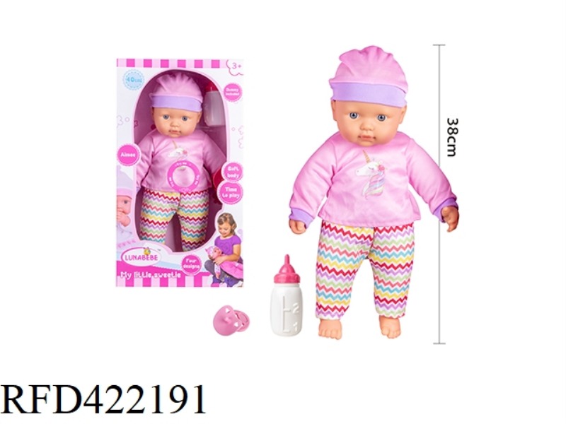 16 INCH COTTON BODY FIXED EYE DOLL, WITH PACIFIER, FEEDING BOTTLE, WITH 4 SOUND IC
