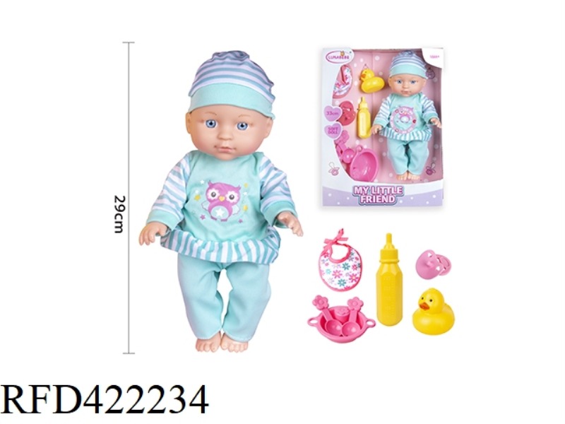 12-INCH BLOW BOTTLE BODY, FIXED EYE DOLL, WITH DUCK, YELLOW BOTTLE, PACIFIER, TABLEWARE, SALIVA TOWE