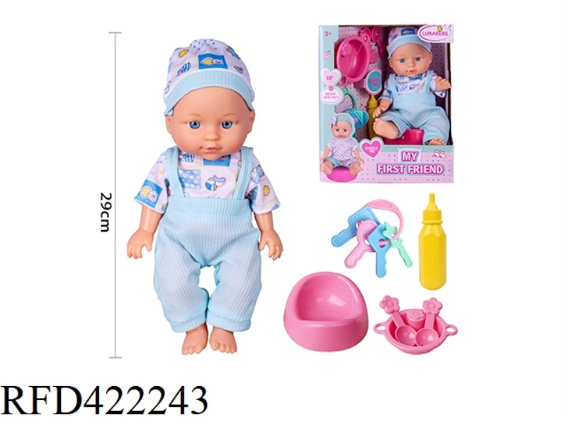 12 INCH BLOW BOTTLE BODY, FIXED EYE DOLL, WITH POTTY, TABLEWARE, BOTTLE, KEY, WITHOUT IC