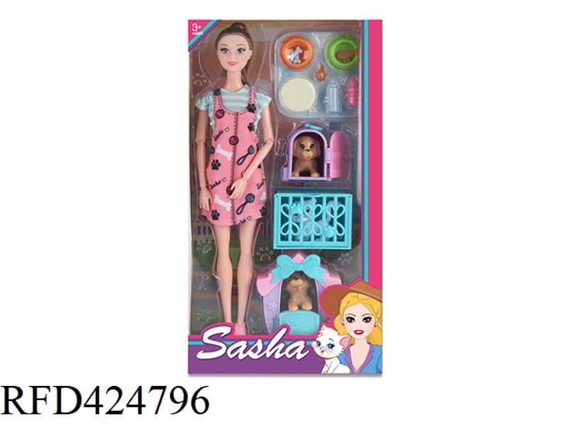 11.5-INCH DOLL WITH 3 TYPES OF DOG HOUSES, CATS AND DOGS, PET ACCESSORIES
