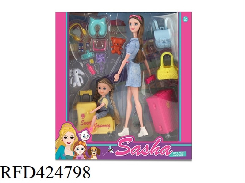 11.5-INCH DOLL WITH 6-INCH ARTICULATED DOLL AND 2 TRAVEL SUITCASES, SCHOOL BAGS, BACKPACKS, DOLLS, T