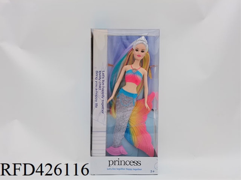11.5 INCH COLORFUL GLITTER WITH MUSIC COLOR LONG HAIR MERMAID DOLL WITH CROWN
