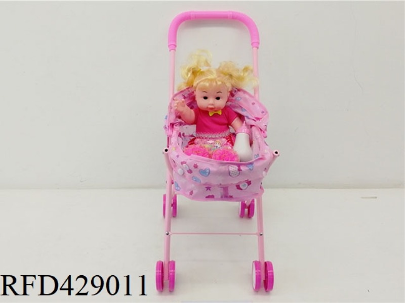 IRON TROLLEY WITH FULL VINYL DOLL + FEEDING BOTTLE + HEAD FLOWER