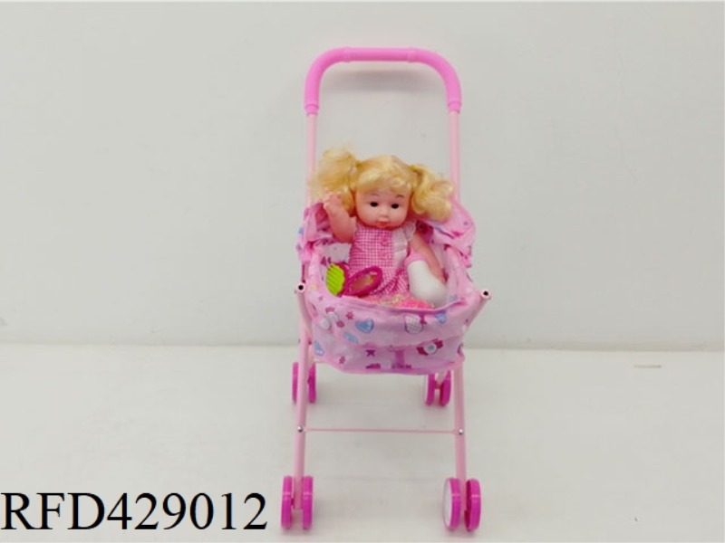 IRON TROLLEY WITH FULL VINYL DOLL + FEEDING BOTTLE + HEAD FLOWER + COMB + MIRROR
