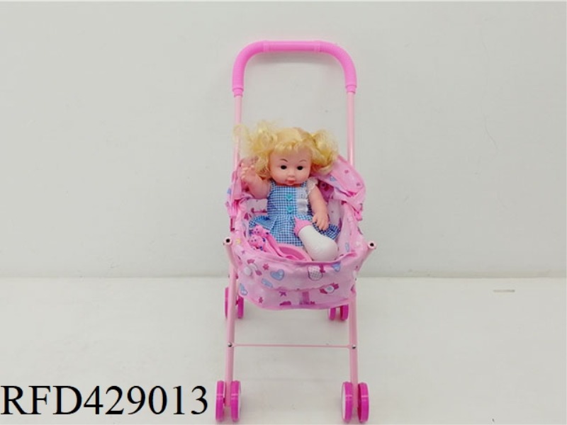 IRON TROLLEY WITH FULL VINYL DOLL + FEEDING BOTTLE + PLATE + KNIFE AND FORK