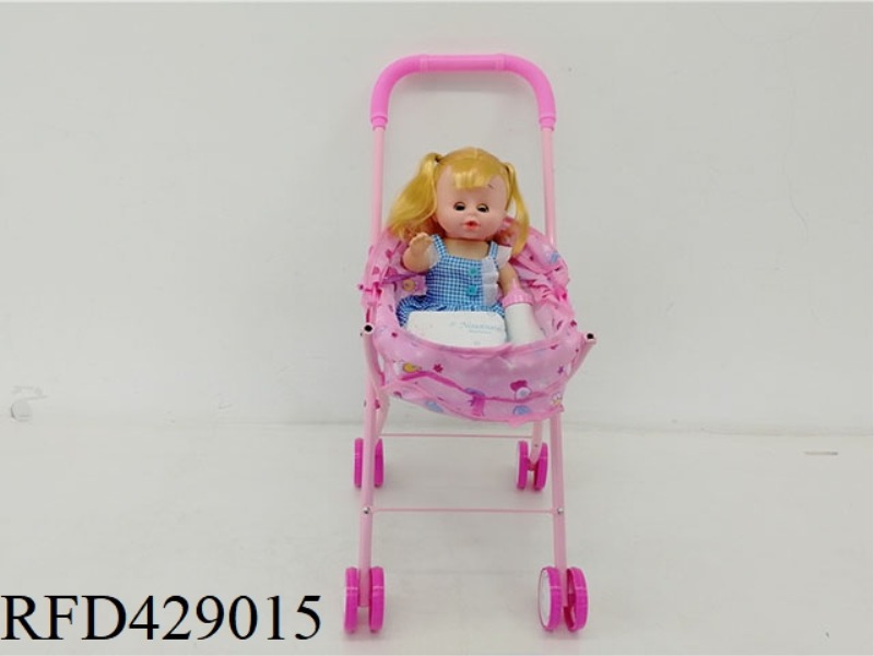 IRON TROLLEY WITH PEEING DOLL + FEEDING BOTTLE + DIAPERS