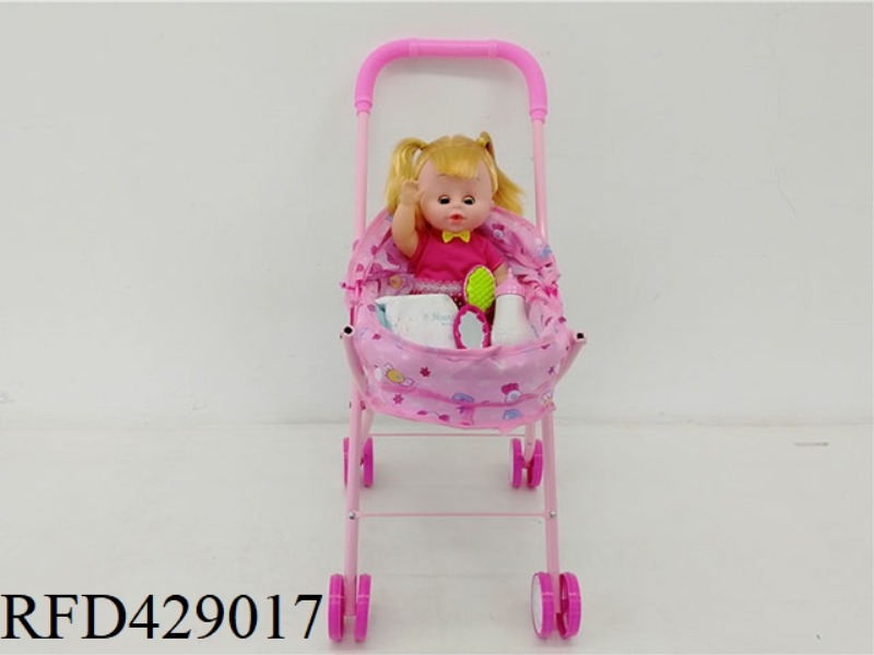 IRON TROLLEY WITH PEEING DOLL+FEEDING BOTTLE+COMB+MIRROR