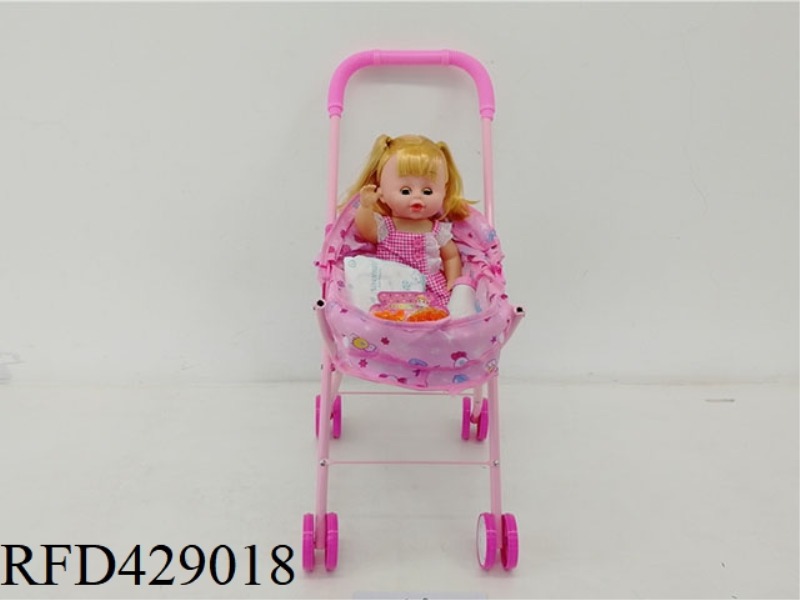 IRON TROLLEY WITH PEEING DOLL + FEEDING BOTTLE + DIAPERS + HEAD FLOWER