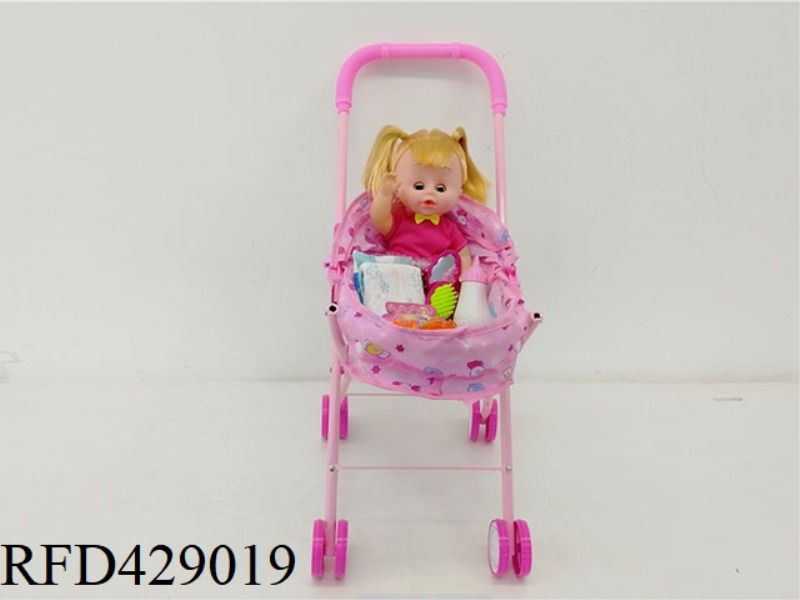 IRON TROLLEY WITH PEEING DOLL + FEEDING BOTTLE + DIAPERS + HAIR FLOWER + COMB + MIRROR