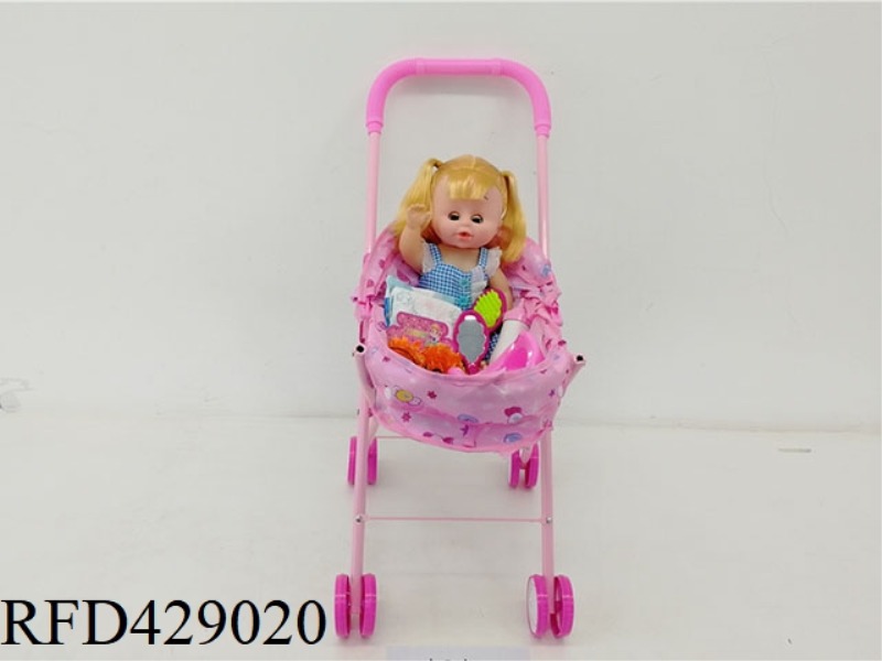 IRON TROLLEY WITH PEEING DOLL + FEEDING BOTTLE + DIAPERS + HEAD FLOWER + COMB + MIRROR + URINAL