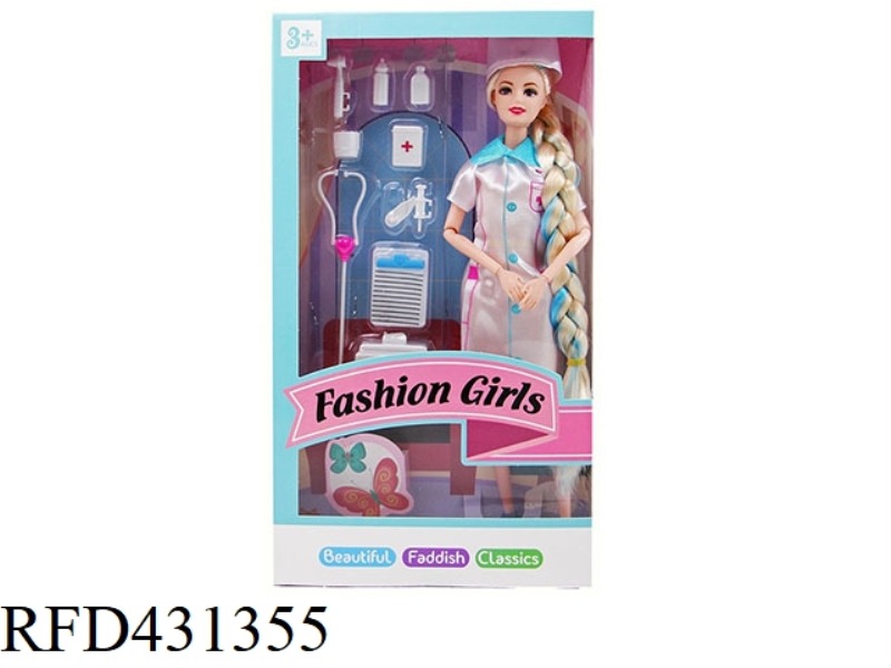 NURSE THEME 11.5 INCH SOLID BODY 9 JOINTS BRAIDED FASHION BARBIE WITH MEDICAL ACCESSORIES