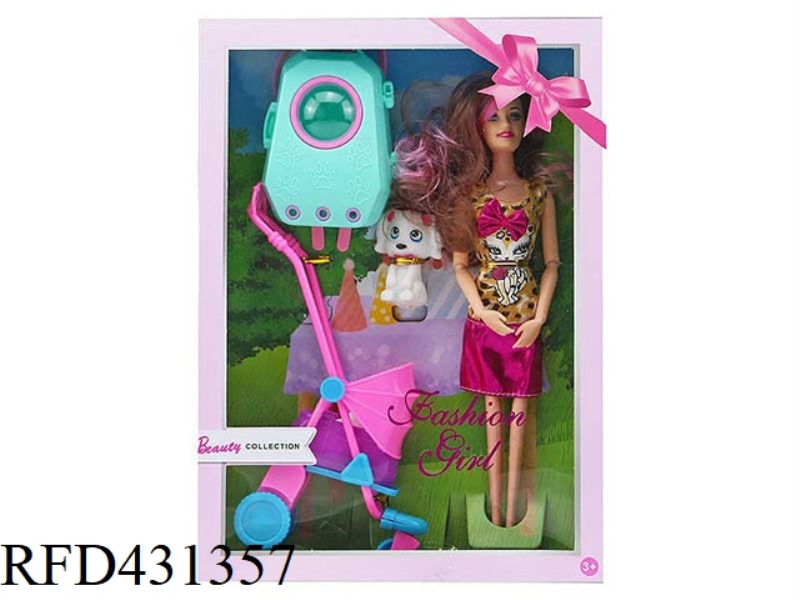 11.5 INCH 9 JOINTS SOLID BODY LONG HAIR FASHION BARBIE WITH LINE BAG WITH PET WITH PUSH CART