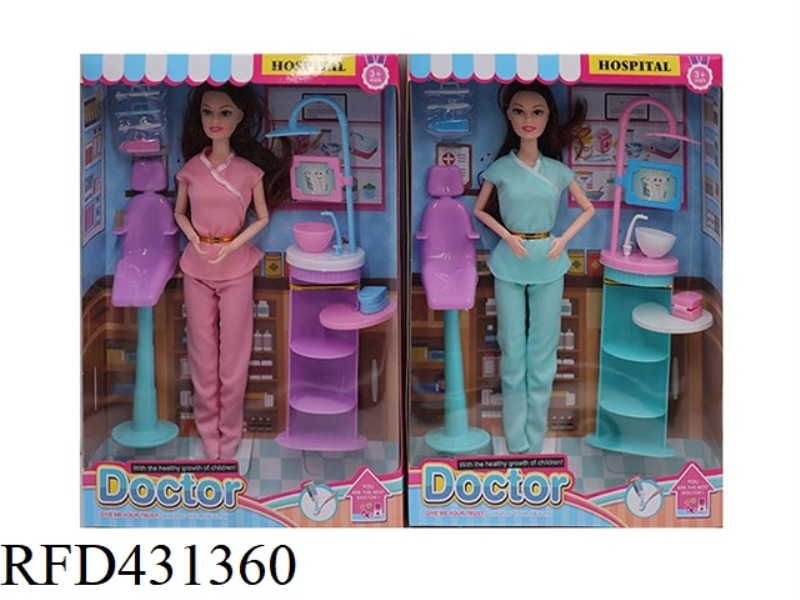 DENTAL THEME 11.5 INCH SOLID BODY 9 JOINT FASHION BARBIE WITH CHAIR, DENTIST ACCESSORIES
