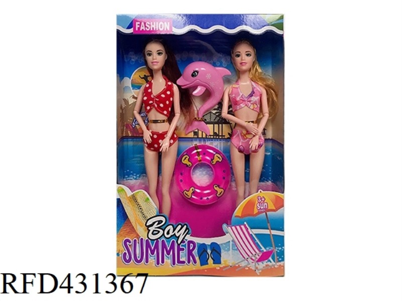 11.5 INCH SOLID BODY 9 JOINT DOUBLE SWIMSUIT BARBIE WITH DOLPHIN, SWIMMING RING ACCESSORIES