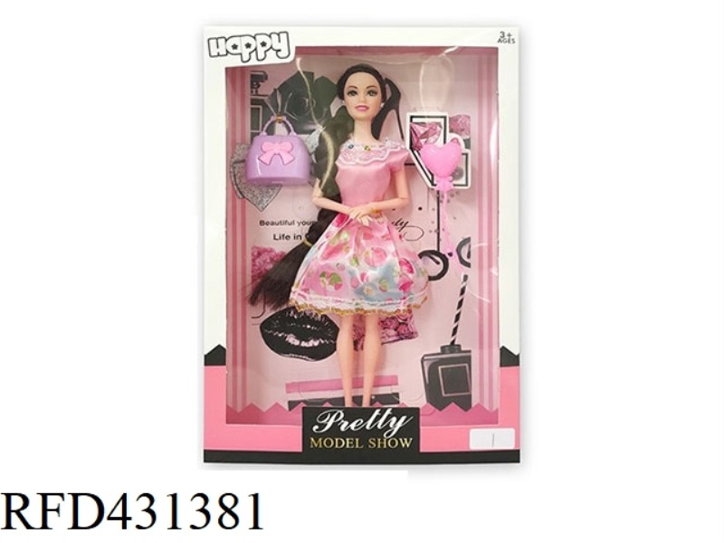 11.5 INCH SOLID BODY 9 JOINT FASHION SKIRT BARBIE WITH EARRINGS, HANDBAG, BALLOONS