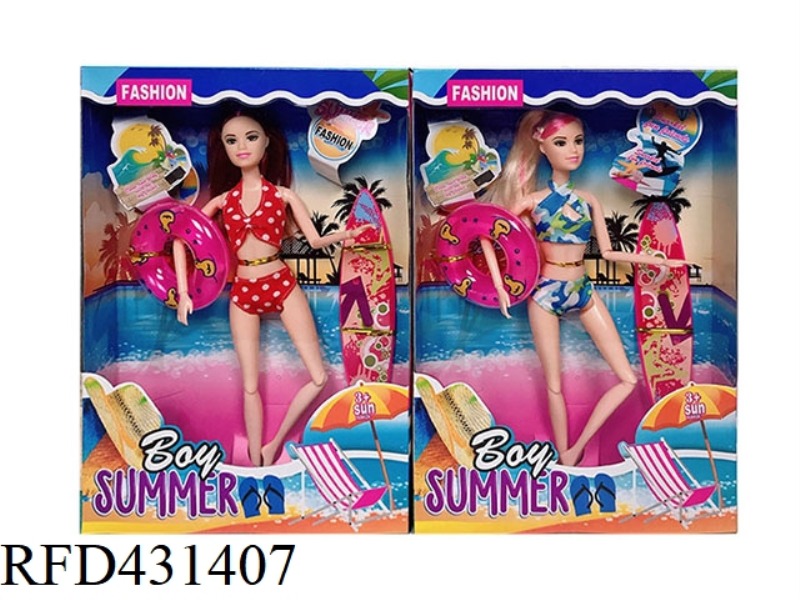 11.5 INCH 9 JOINTS SOLID BODY 11.5 INCH SWIMSUIT BEAUTY BARBIE WITH SWIMMING RING, SURFBOARD