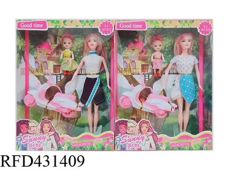 11.5 INCH SOLID BARBIE MOTHER AND DAUGHTER DRESS WITH BABY BOTTLE AND SMALL MOTORCYCLE 2 MIXED PACKS