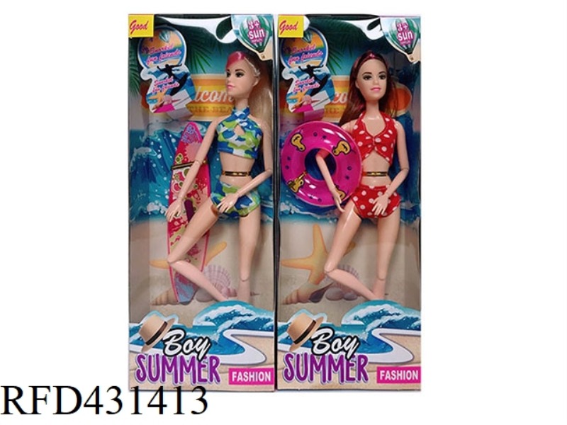 11.5 INCH 9 JOINTS SOLID BODY 11.5 INCH SWIMSUIT BEAUTY BARBIE WITH SWIMMING RING, SURFBOARD 2 MIXED