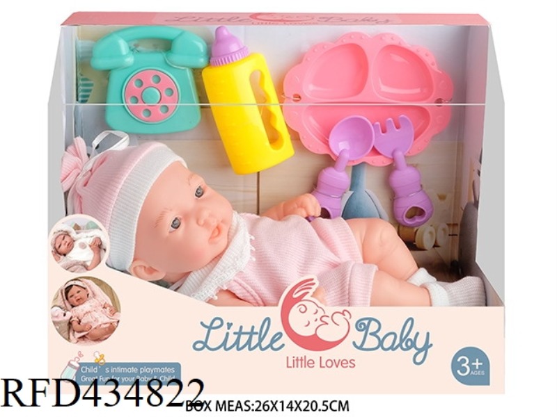 10 INCH NEWBORN BABY DOLL WITH PHONE, FEEDING BOTTLE, DINNER PLATE, KNIFE AND FORK. TRAPEZOID BOX
