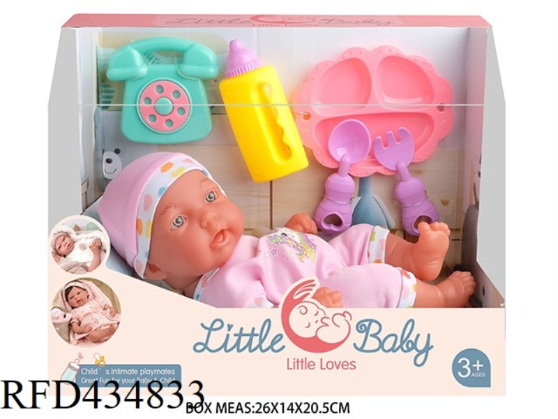 10 INCH NEWBORN BLACK DOLL BABY DOLL WITH PHONE, FEEDING BOTTLE, DINNER PLATE, KNIFE AND FORK. TRAPE